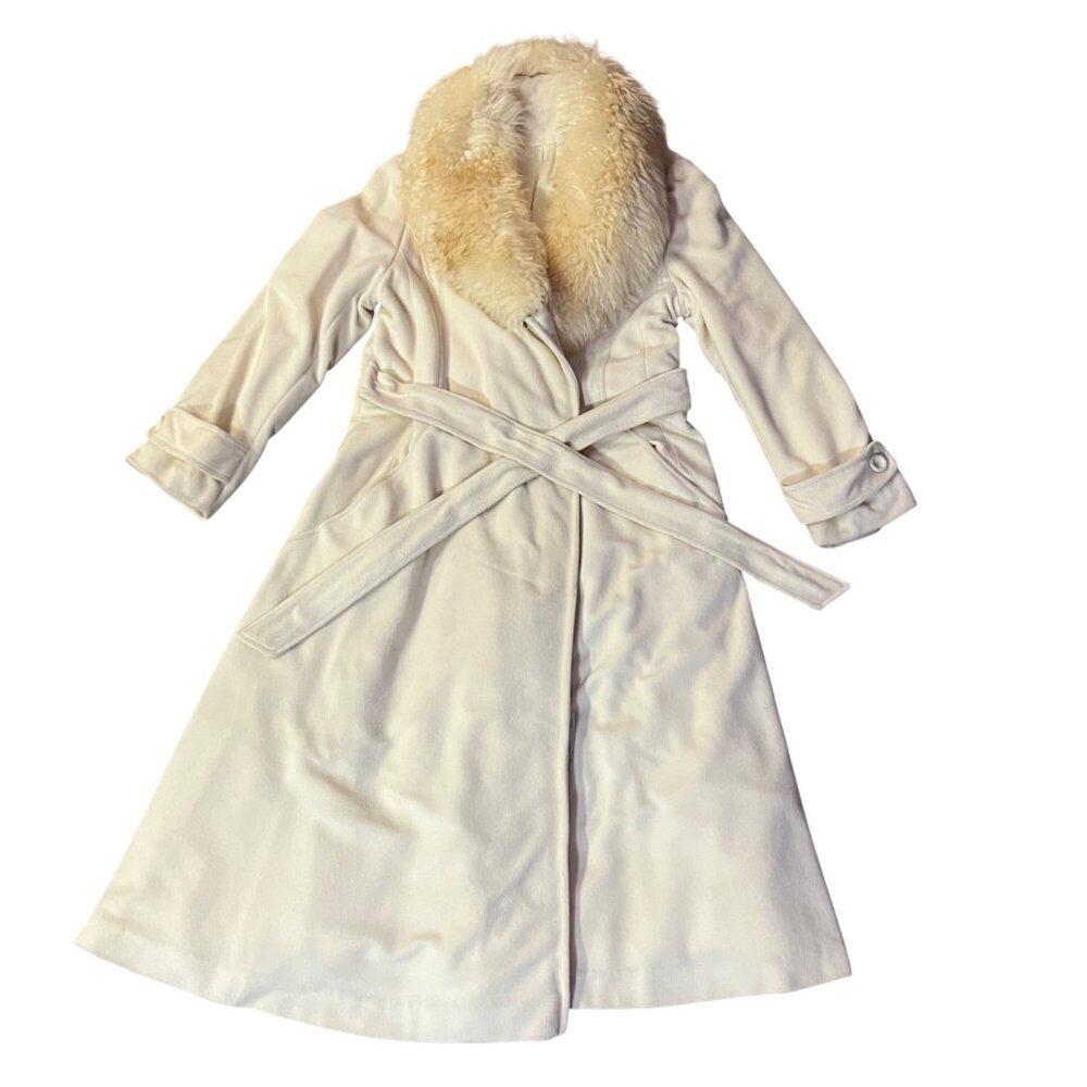 Vintage Kashmiracle Coat Womens S/M? Cream Fur Collar Used Long Belted Coat Uniq - Picture 3 of 16